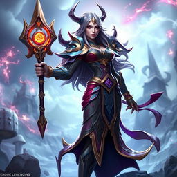 A 3D female champion character inspired by League of Legends, designed as a mature and powerful warrior