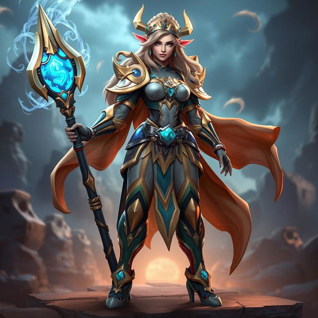 A 3D female champion character inspired by League of Legends, designed as a mature and powerful warrior