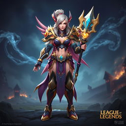 A 3D female champion character inspired by League of Legends, designed as a mature and powerful warrior