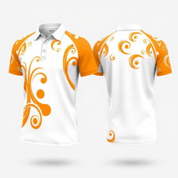A stylish sublimation polo shirt design featuring a vibrant orange and white color scheme