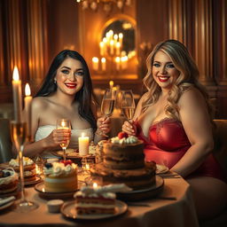 In a dimly lit, elegant restaurant, two beautiful young women are enjoying a sumptuous meal at a candlelit table overflowing with an indulgent assortment of cakes, desserts, and fine champagne