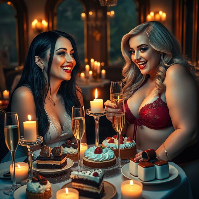 In a dimly lit, elegant restaurant, two beautiful young women are enjoying a sumptuous meal at a candlelit table overflowing with an indulgent assortment of cakes, desserts, and fine champagne