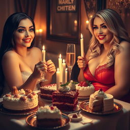 In a dimly lit, elegant restaurant, two beautiful young women are enjoying a sumptuous meal at a candlelit table overflowing with an indulgent assortment of cakes, desserts, and fine champagne