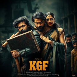 A gritty action movie poster featuring Naveen Kumar Gowda (Yash) as Rocky Bhai from KGF, in a fierce action pose with a large blood-stained sledgehammer, his intense expression highlighting his determination