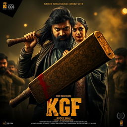 A gritty action movie poster featuring Naveen Kumar Gowda (Yash) as Rocky Bhai from KGF, in a fierce action pose with a large blood-stained sledgehammer, his intense expression highlighting his determination