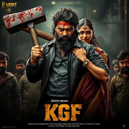 A gritty action movie poster featuring Naveen Kumar Gowda (Yash) as Rocky Bhai from KGF, in a fierce action pose with a large blood-stained sledgehammer, his intense expression highlighting his determination
