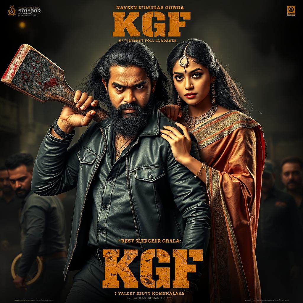 A gritty action movie poster featuring Naveen Kumar Gowda (Yash) as Rocky Bhai from KGF, in a fierce action pose with a large blood-stained sledgehammer, his intense expression highlighting his determination
