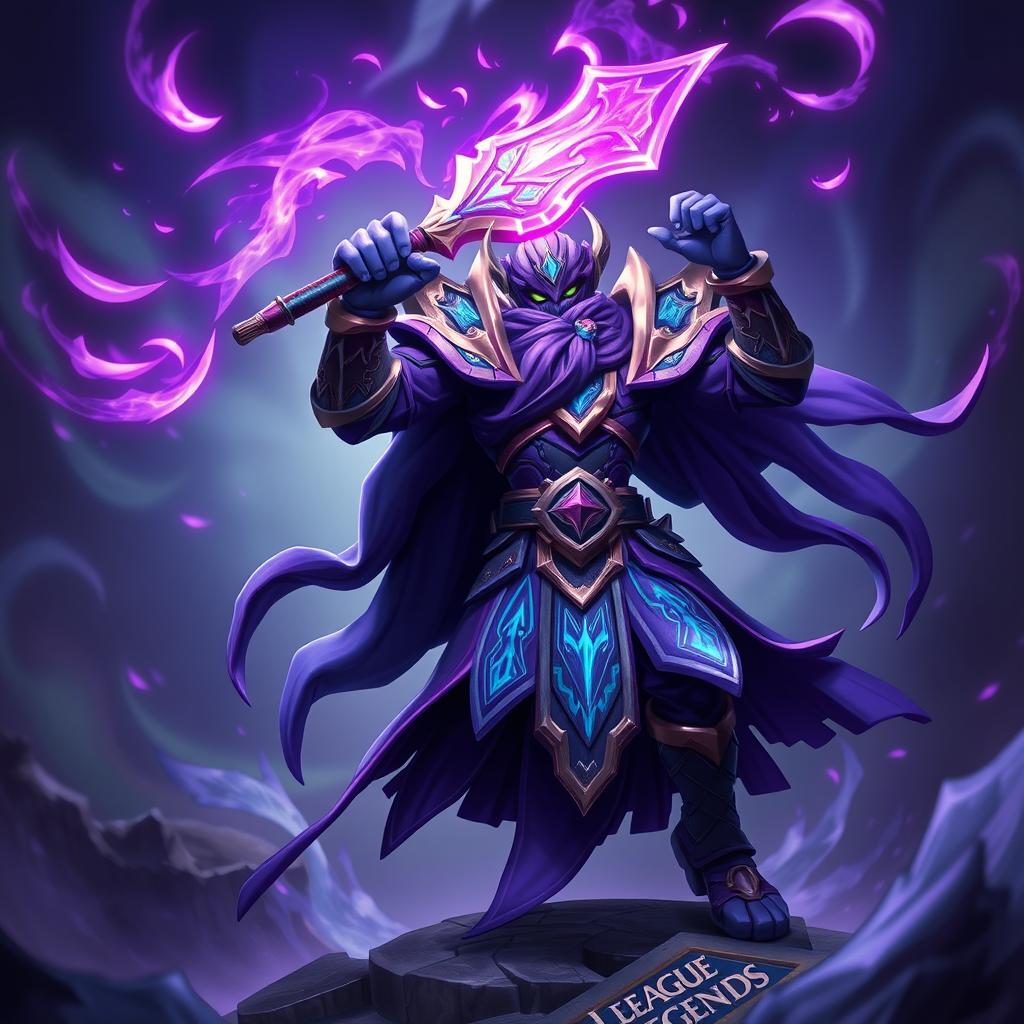 A 3D champion character inspired by League of Legends, depicted in a dynamic pose that showcases action and movement