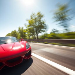 A sleek, modern sports car in vibrant red color speeding down a highway