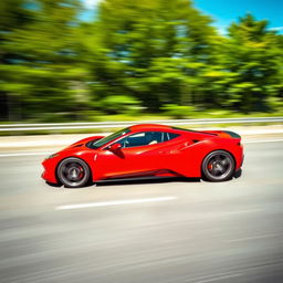 A sleek, modern sports car in vibrant red color speeding down a highway