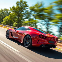 A sleek, modern sports car in vibrant red color speeding down a highway