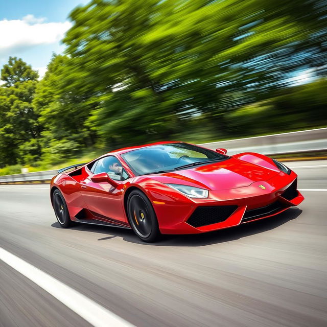 A sleek, modern sports car in vibrant red color speeding down a highway