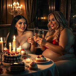 In a dimly lit, elegant restaurant, two beautiful young women are delighting in a sumptuous meal at a candlelit table overflowing with a tempting array of cakes, desserts, and fine champagne