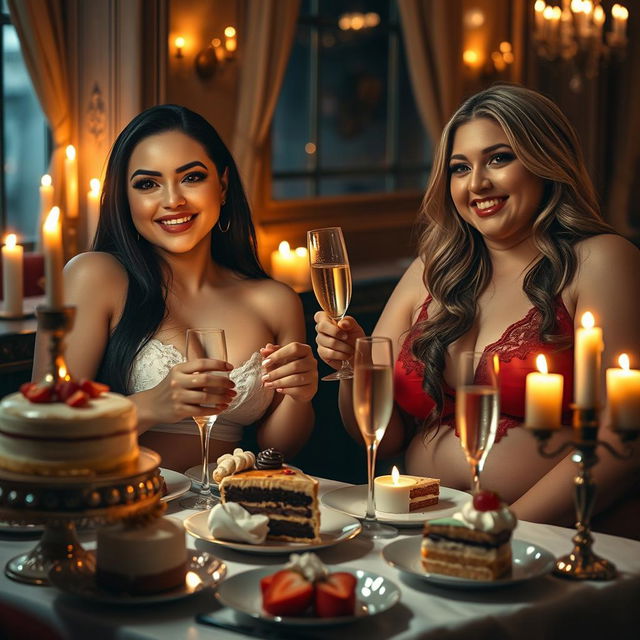 In a dimly lit, elegant restaurant, two beautiful young women are delighting in a sumptuous meal at a candlelit table overflowing with a tempting array of cakes, desserts, and fine champagne