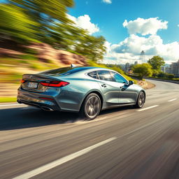 A dynamic scene of a sleek, modern car with a shiny metallic finish, racing down a winding road