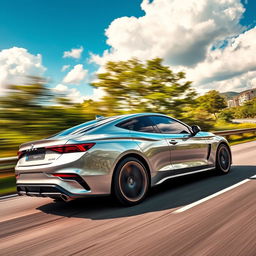 A dynamic scene of a sleek, modern car with a shiny metallic finish, racing down a winding road