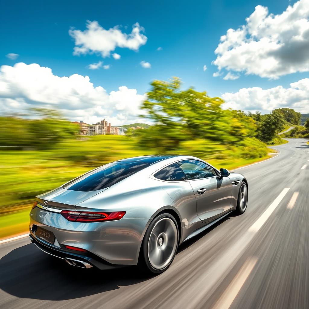 A dynamic scene of a sleek, modern car with a shiny metallic finish, racing down a winding road