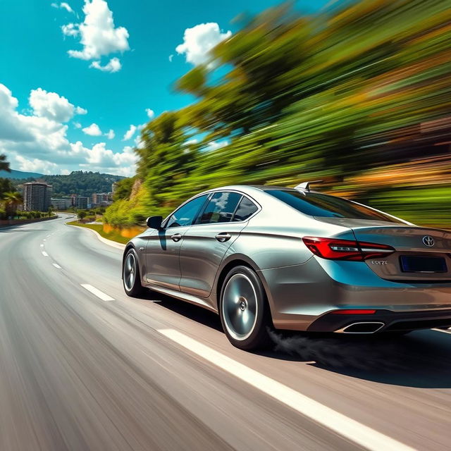 A dynamic scene of a sleek, modern car with a shiny metallic finish, racing down a winding road