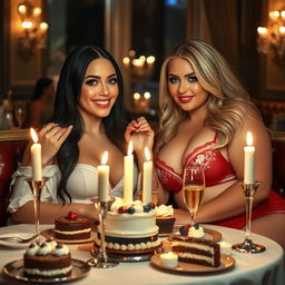In a dimly lit, romantic restaurant, two beautiful young women are sitting closely at a candlelit table overflowing with a luxurious assortment of cakes, desserts, and fine champagne