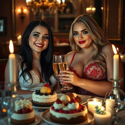 In a dimly lit, romantic restaurant, two beautiful young women are sitting closely at a candlelit table overflowing with a luxurious assortment of cakes, desserts, and fine champagne