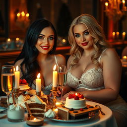 In a dimly lit, romantic restaurant, two beautiful young women are sitting closely at a candlelit table overflowing with a luxurious assortment of cakes, desserts, and fine champagne