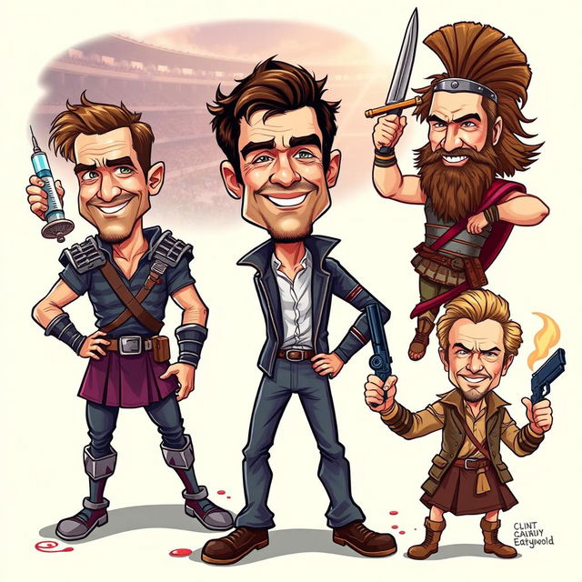 A vibrant and dynamic illustration featuring caricatures of iconic characters