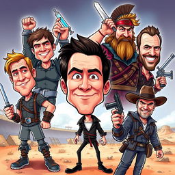 A vibrant and dynamic illustration featuring caricatures of iconic characters