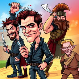 A vibrant and dynamic illustration featuring caricatures of iconic characters