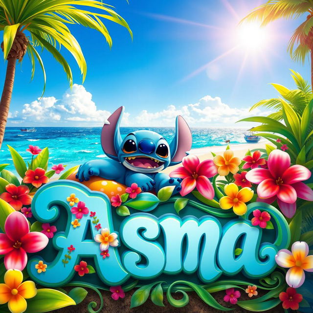 A whimsical scene featuring a joyful cartoon character named Stitch relaxing in a bright and colorful paradise