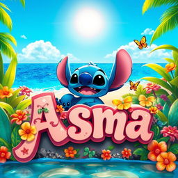 A whimsical scene featuring a joyful cartoon character named Stitch relaxing in a bright and colorful paradise