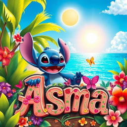 A whimsical scene featuring a joyful cartoon character named Stitch relaxing in a bright and colorful paradise