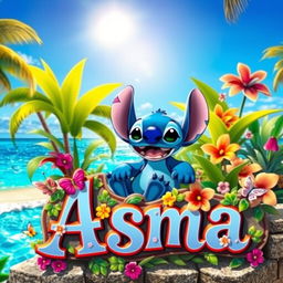 A whimsical scene featuring a joyful cartoon character named Stitch relaxing in a bright and colorful paradise