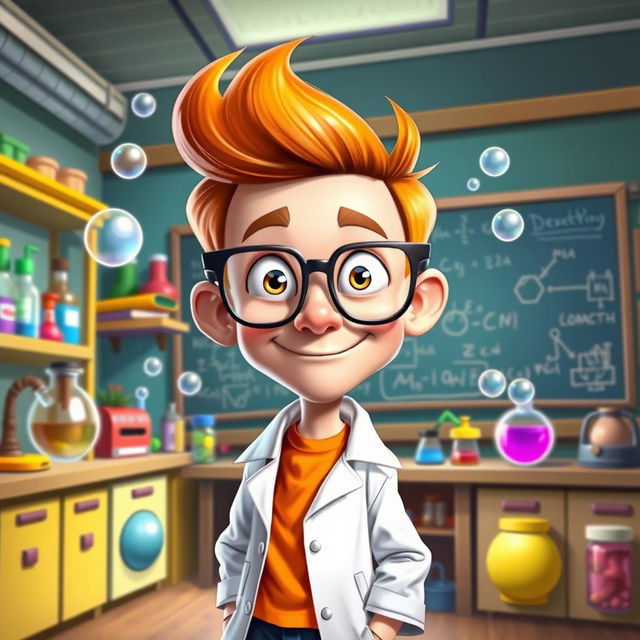 A vibrant and playful caricature of Dexter, the young boy genius from the animated series "Dexter's Laboratory"