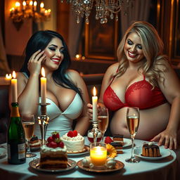 In a dimly lit, intimate restaurant, two beautiful young women are playfully fondling each other at a candlelit table adorned with a delightful assortment of cakes, desserts, and sparkling champagne