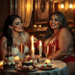 In a dimly lit, intimate restaurant, two beautiful young women are playfully fondling each other at a candlelit table adorned with a delightful assortment of cakes, desserts, and sparkling champagne