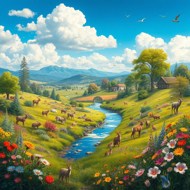 A stunning landscape depicting a beautiful country teeming with abundant wildlife and lush vegetation