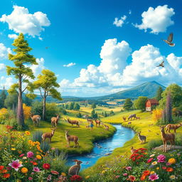 A stunning landscape depicting a beautiful country teeming with abundant wildlife and lush vegetation