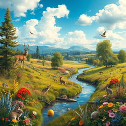 A stunning landscape depicting a beautiful country teeming with abundant wildlife and lush vegetation
