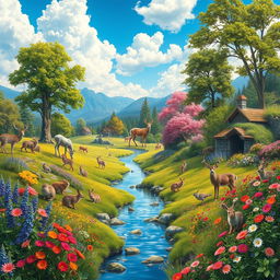 A stunning landscape depicting a beautiful country teeming with abundant wildlife and lush vegetation
