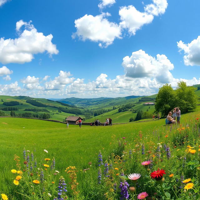 A vibrant and beautiful country landscape featuring lush green fields, colorful wildflowers, and diverse plants