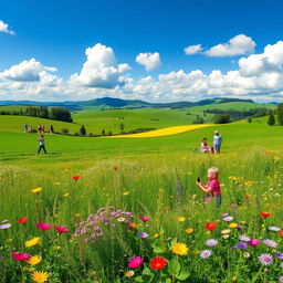 A vibrant and beautiful country landscape featuring lush green fields, colorful wildflowers, and diverse plants