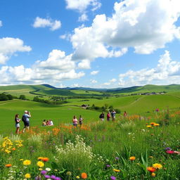 A vibrant and beautiful country landscape featuring lush green fields, colorful wildflowers, and diverse plants