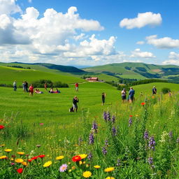 A vibrant and beautiful country landscape featuring lush green fields, colorful wildflowers, and diverse plants