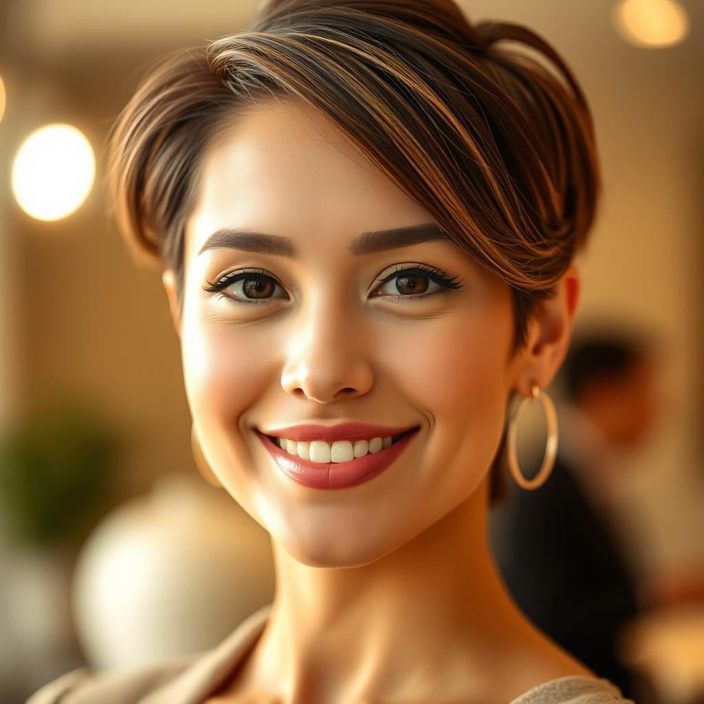 A portrait of a beautiful woman with a stylish haircut, showcasing soft, natural makeup that enhances her features