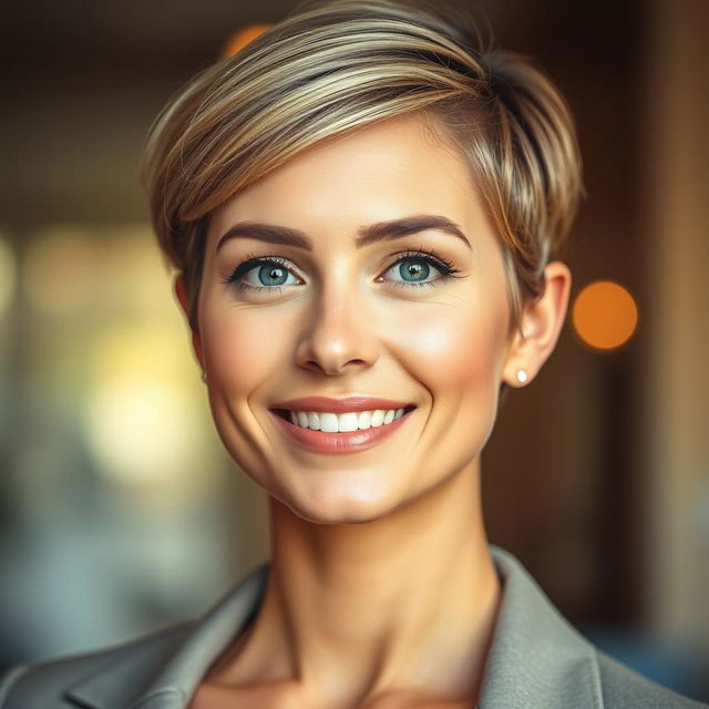 A portrait of a beautiful woman with a stylish haircut, showcasing soft, natural makeup that enhances her features