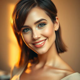 A portrait of a beautiful woman with a stylish haircut, showcasing soft, natural makeup that enhances her features