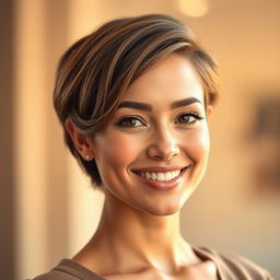 A portrait of a beautiful woman with a stylish haircut, showcasing soft, natural makeup that enhances her features