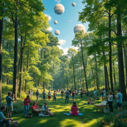 A beautiful forest scene filled with vibrant greenery, tall trees, and colorful flowers