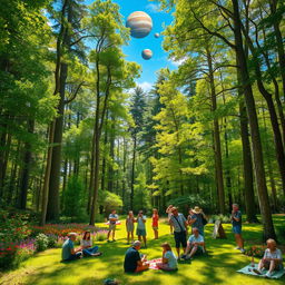 A beautiful forest scene filled with vibrant greenery, tall trees, and colorful flowers