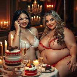In a dimly lit, intimate restaurant, two beautiful young women are playfully fondling each other at a candlelit table adorned with a lavish selection of cakes, desserts, and sparkling champagne